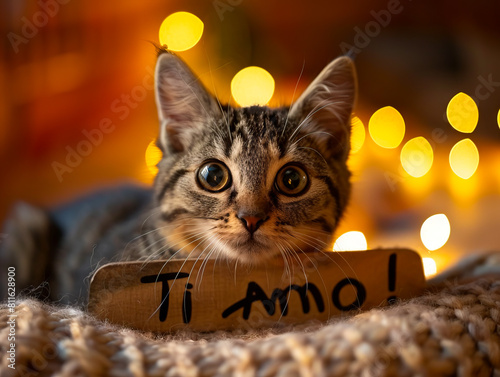 A cat with a sign that says ti amo.