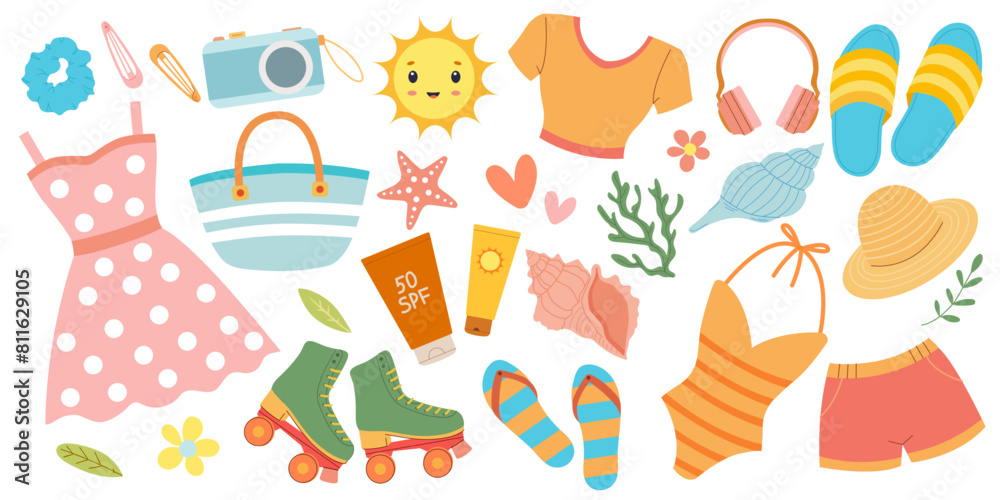 Set of summer stickers for your diary. Collection of summer vector elements isolated on white background for design of flyers, advertising, coupons, notepad, posters, etc. Set of summer stickers for your diary. Collection of summer vector elements isolated on white background for design of flyers, advertising, coupons, notepad, posters, etc.