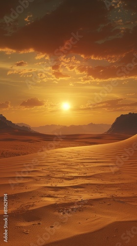 Majestic Desert Dunes at Sunset Awe Inspiring Landscape of Golden Glow and Distant Mountainous