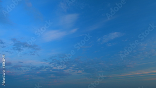Different shades sky with gray clouds. Twilight time. Widescreen panorama of sunset sky. Timelapse.