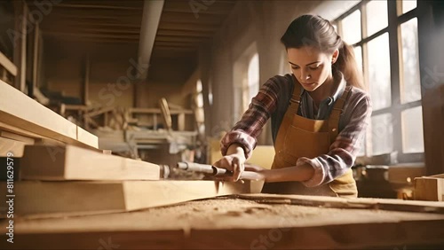 Portrait view of woman carpenter in workshop , female carpenter using some power tools in the woodshop  photo