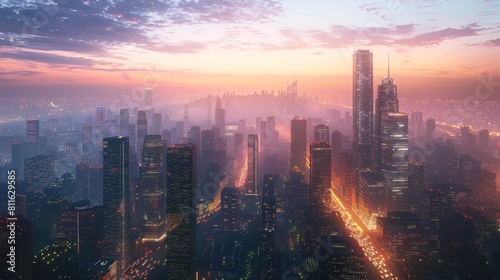 Mesmerizing Metropolis Skyline at Twilight Twinkling Lights and Bustling Traffic in a Futuristic
