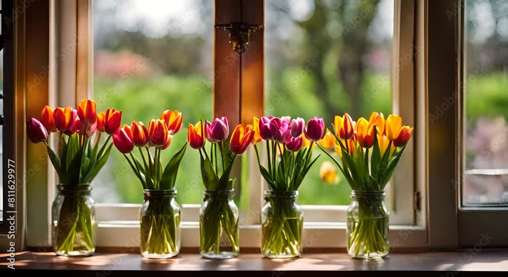 Vases with flowers on the windowsill. Vases with flowers on the windowsill.