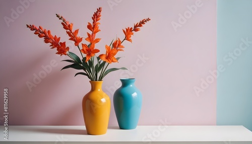 Clean Aesthetic Scandinavian style table with decorations. Zen. Spiritual Vase and flowers. Vibrant, colorful.  © Gia