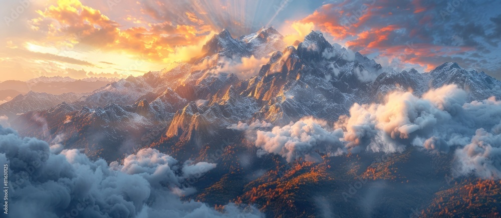 Majestic Mountain Peaks Piercing the Heavens Clouds Parting to Reveal Dramatic Lighting