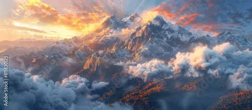 Majestic Mountain Peaks Piercing the Heavens Clouds Parting to Reveal Dramatic Lighting
