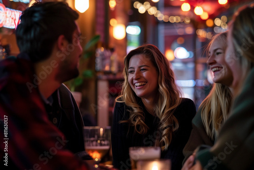 Group of friends have fun in nightlife sitting at pub laughing and talking in friendship together. People enjoying lifestyle and outdoor leisure activity by night. Tourist on vacation