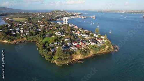 Coastal Town With Settlements On Blair Park In Stanley Bay, Auckland, North Island, New Zealand. Aerial Shot photo