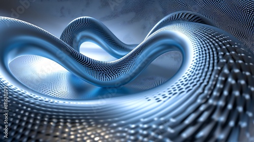 Blue and silver abstract 3D rendering of a curved shape with a bumpy surface lit by a bright light.