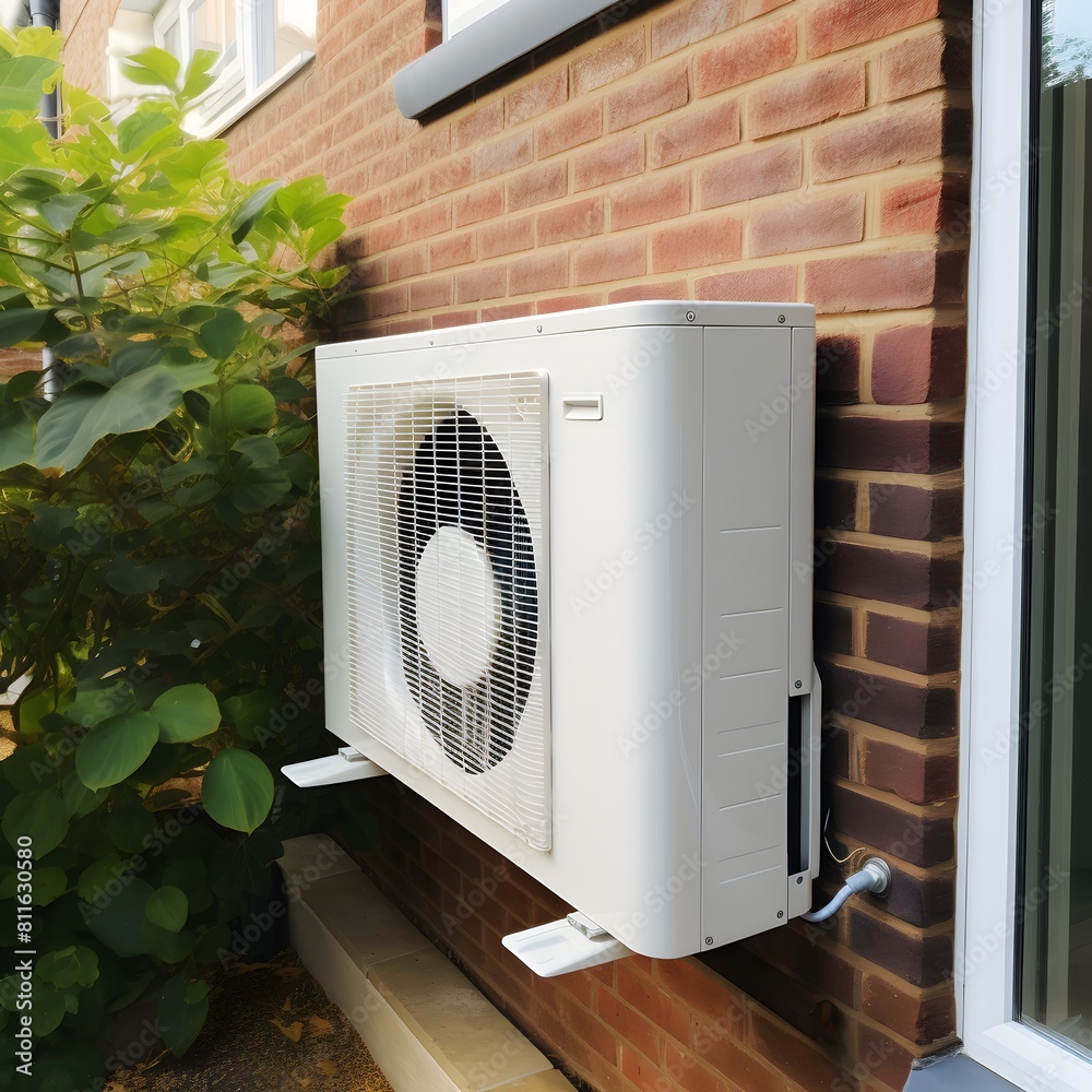 Air source heat pump installed in residential building. Generative AI. Air source heat pump installed in residential building. Generative AI.