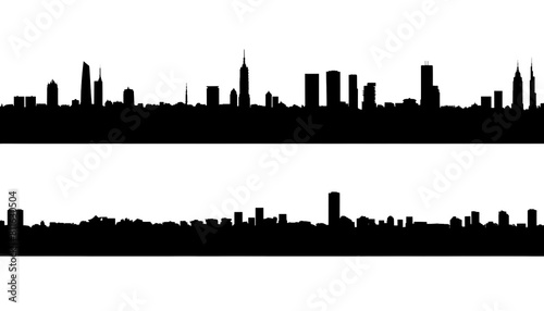 Set of Black and White Urban City Skylines with Distinct Building Silhouettes 