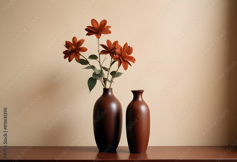 Clean Aesthetic Scandinavian style table with decorations. Zen. Spiritual Vase and flowers. Brown. Beige. 