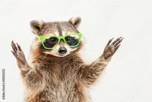 a raccoon wearing green sunglasses is standing on its hind legs with its arms outstretched