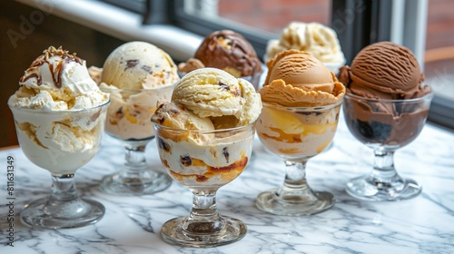 A selection of artisanal ice creams served in vintage glassware  arranged on a marble countertop  with a charming cobblestone street bustling in the background