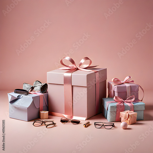 Pink gift box on a pink background Elegant present box with ribbon bow for Mothers day Birthday
 photo