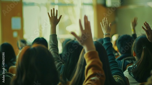 A vibrant scene of students actively raising their hands in a classroom, signaling participation and eagerness in a warm, sunlit educational setting. photo