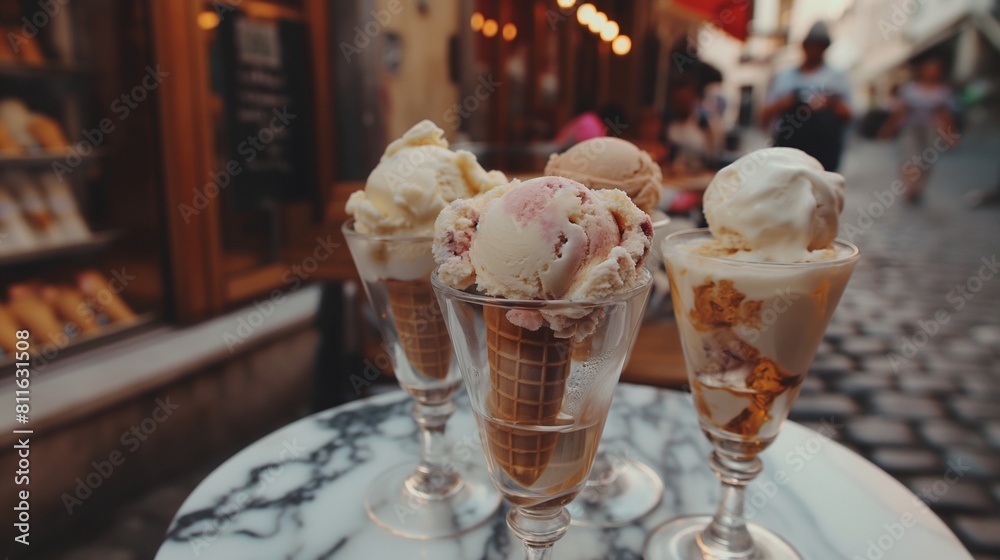 A selection of artisanal ice creams served in vintage glassware, arranged on a marble countertop, with a charming cobblestone street bustling in the background