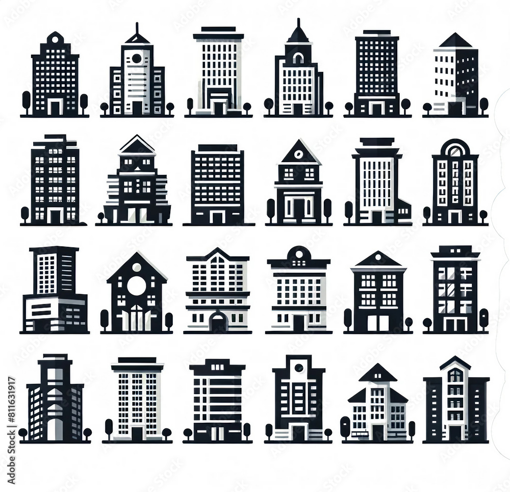 Collection of Black and White Building Icons for Urban Design and Architecture
