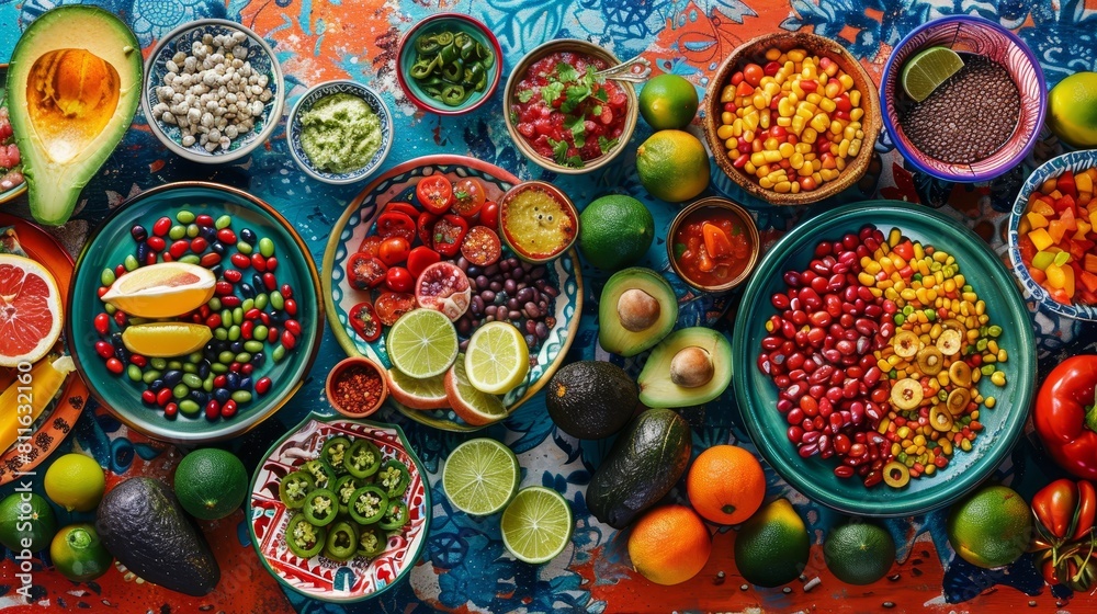 A variety of fresh fruits and vegetables are arranged in colorful bowls on a blue background.