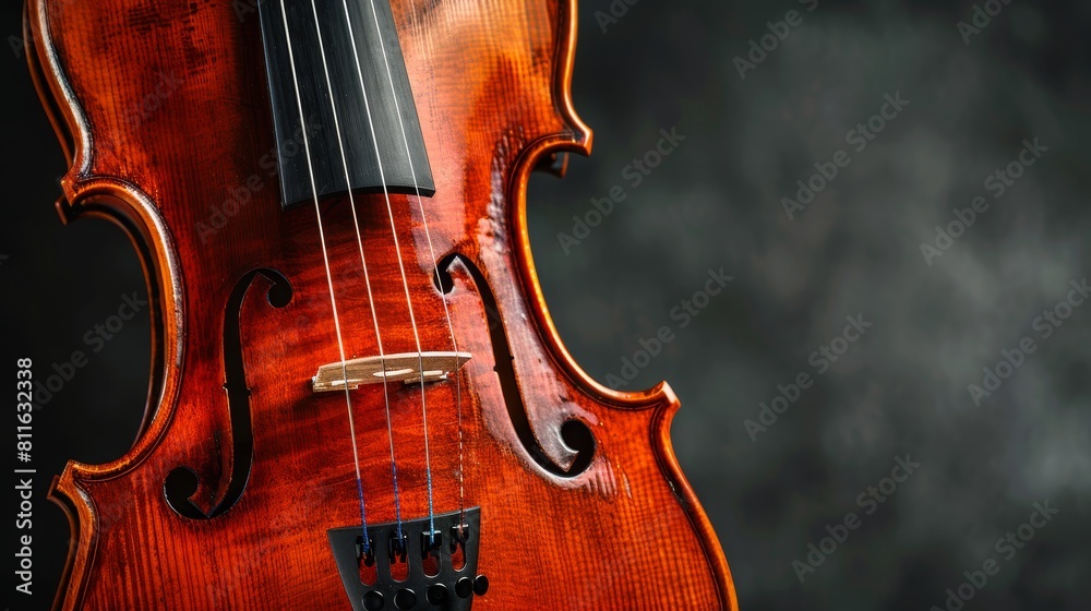 A close-up of a classical violin set against a dark, muted velvet background A close-up of a classical violin set against a dark, muted velvet background