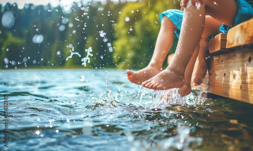 Fototapeta Naklejka Na Ścianę i Meble -  Close up shot of legs of joyful children sitting on pier and splashing lake water with feet