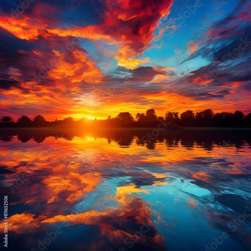 Beautiful colorful sunset with reflection in the lake. A beautiful natural landscape with sky, water and trees. Generative AI.