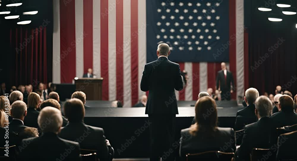 Politician giving a speech at a meeting with the US flag in the background. Politician giving a speech at a meeting with the US flag in the background.