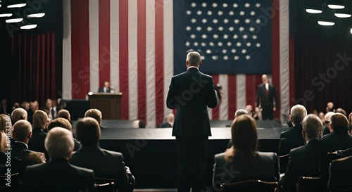 Politician giving a speech at a meeting with the US flag in the background. photo