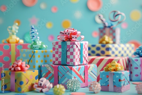A playful scene of birthday presents wrapped in colorful paper and topped with bows  waiting to be unwrapped by the lucky recipient.