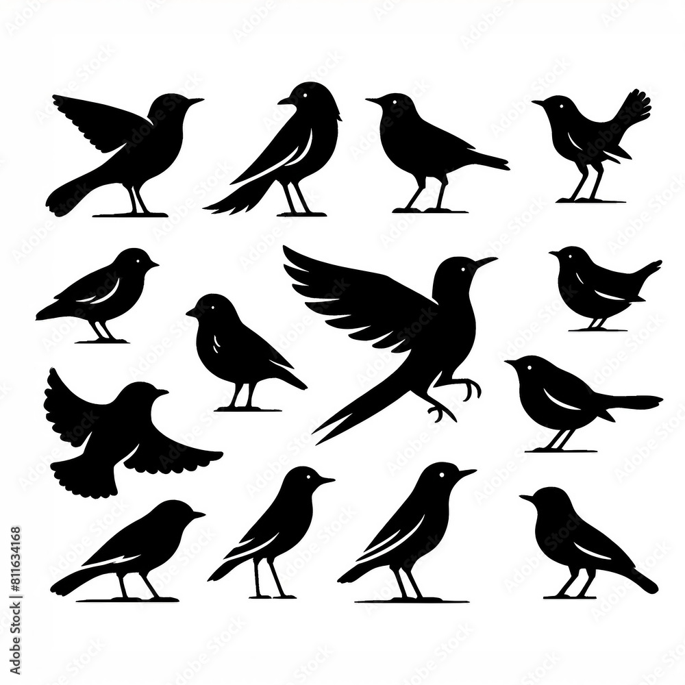 Obraz premium Set of Black Bird Silhouettes in Various Poses Isolated on White Background 