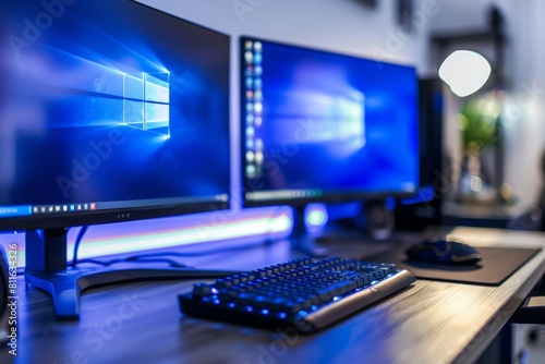 A close-up of a modern desk setup featuring two monitors and a keyboard, with soft lighting enhancing the sleek design