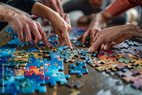 A diverse group of individuals with varying abilities actively collaborating together to solve a jigsaw puzzle