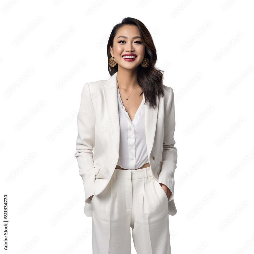 Front view mid body shot of a beautiful Asian woman dressed in a crisp white tuxedo jacket and matching wide-legged pants, Smiling isolated on a white background Front view mid body shot of a beautiful Asian woman dressed in a crisp white tuxedo jacket and matching wide-legged pants, Smiling isolated on a white background