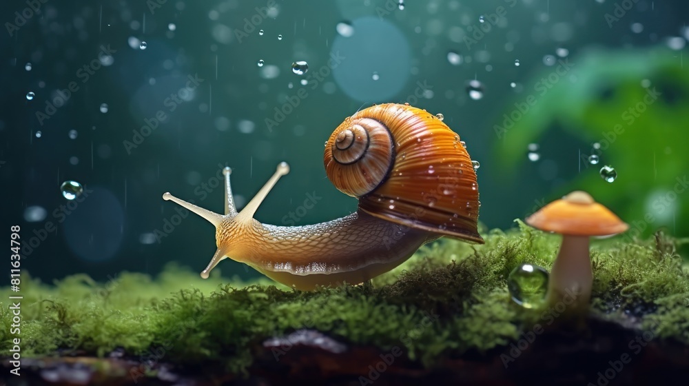 a snail is crawling on green grass with a blurred background. The snail appears close to several colorful flowers a snail is crawling on green grass with a blurred background. The snail appears close to several colorful flowers