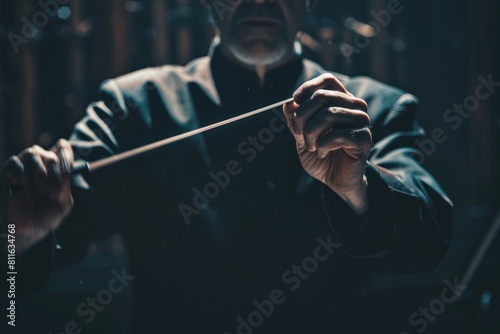 A man passionately plays the violin in a dimly lit room  creating melodious music with skillful hands