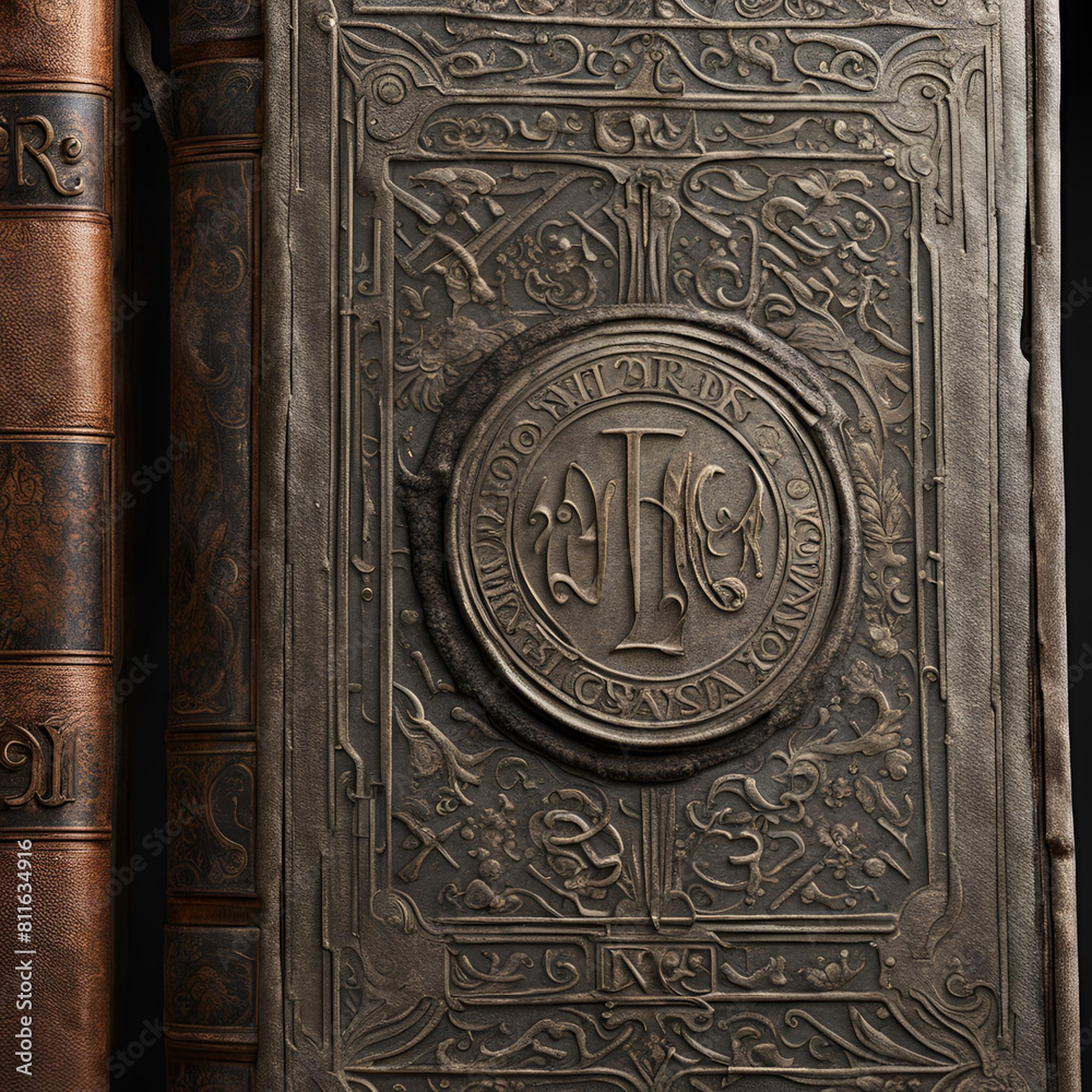 A photorealistic close-up of a weathered book cover with intricate embossed lettering, hinting at a bygone era