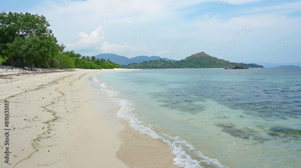 Obraz premium Sandy tropical beach with island on background. Generative AI