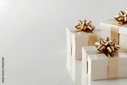 A trio of immaculate 3D gift boxes, each tied with lustrous golden ribbons and bows, positioned in a harmonious arrangement against a clean white surface, symbolizing elegance. © PZ Studio