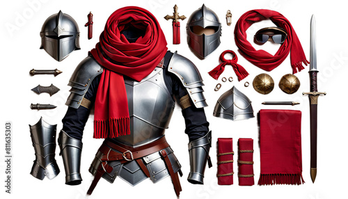 Obraz na płótnie red scarf armor woman human face armoring breastplate person portrait clothing female warrior foulard protection mediaeval battle fighter sword shield metal w salonie