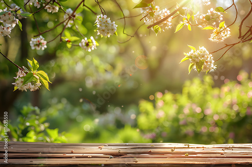 Spring beautiful background with green lush young foliage and flowering branches with an empty wooden table on nature outdoors in sunlight in garden