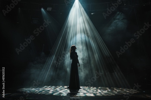 A woman vocalist stands confidently in the middle of a dimly lit stage, ready to perform for the audience