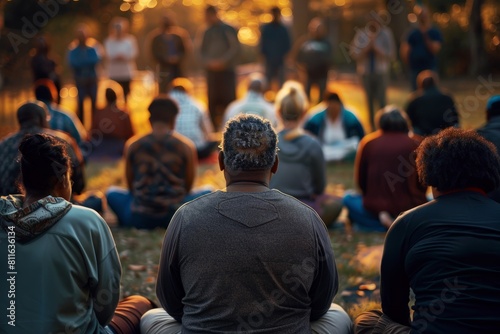 A diverse group of people sitting together in a circle on the grass, heads bowed in conversation