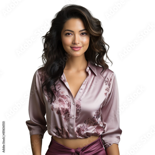 Front view mid shot of a beautiful Asian woman in a soft lavender silk blouse and a knee-length skirt Smiling isolated on a white background