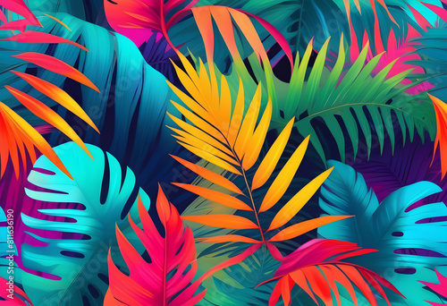 A digital art piece featuring tropical leaves in vibrant colors