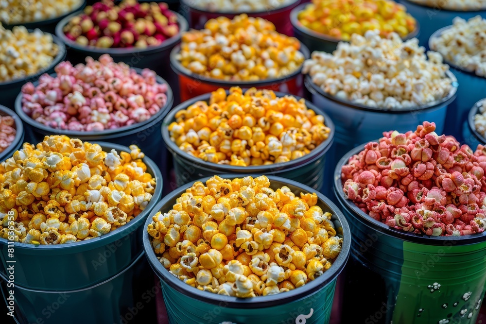 Multiple buckets filled with popcorn neatly arranged in rows, showcasing their texture and detail