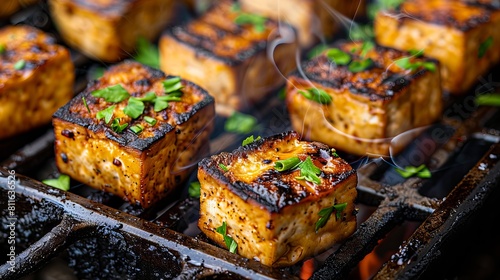 Tofu cubes on a grill with smoke coming out.