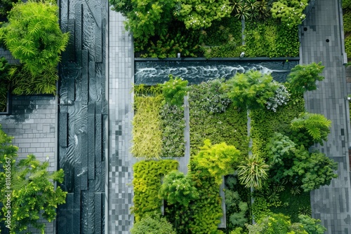 An aerial view of a street lined with numerous trees creating a green urban landscape