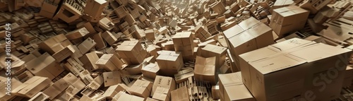 A chaotic jumble of cardboard boxes, creating a mazelike structure that seems to go on forever