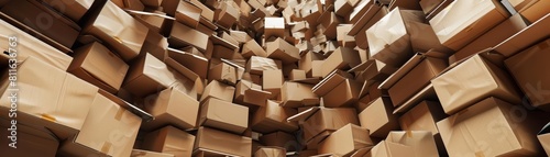 A chaotic jumble of cardboard boxes  creating a mazelike structure that seems to go on forever