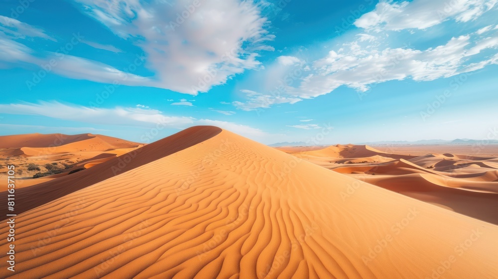 beautiful view of the desert. The bright yellow sand forms wide, smooth hills, with bright blue skies and white clouds adorning them